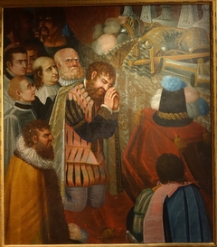 D. Afonso Henriques venerating Our Lady of Oliveira and requesting the protection of the kingdom by Friar Manuel dos Reis