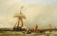 Dutch Coastal View with Sailing Ship and Boats by Charles Hoguet