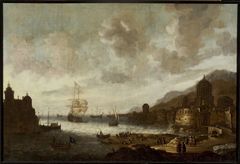 Dutch ship in an exotic port by Abraham Beerstraaten