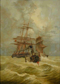 Een Engelse koopvaardijbark gesleept door een radersleepboot by anonymous painter
