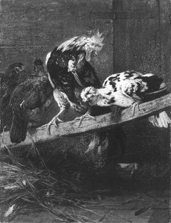 Een haan en enige kippen worden door een vos opgeschrikt by Charles Verlat