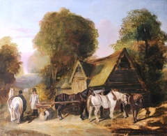Figures and Carthorses outside a Thatched Barn by Anonymous