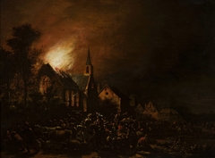 Fire of a church with staffage and cattle. by Egbert van der Poel