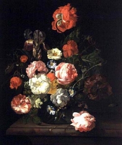 Flowers in a glass vase on a marble slab by Rachel Ruysch