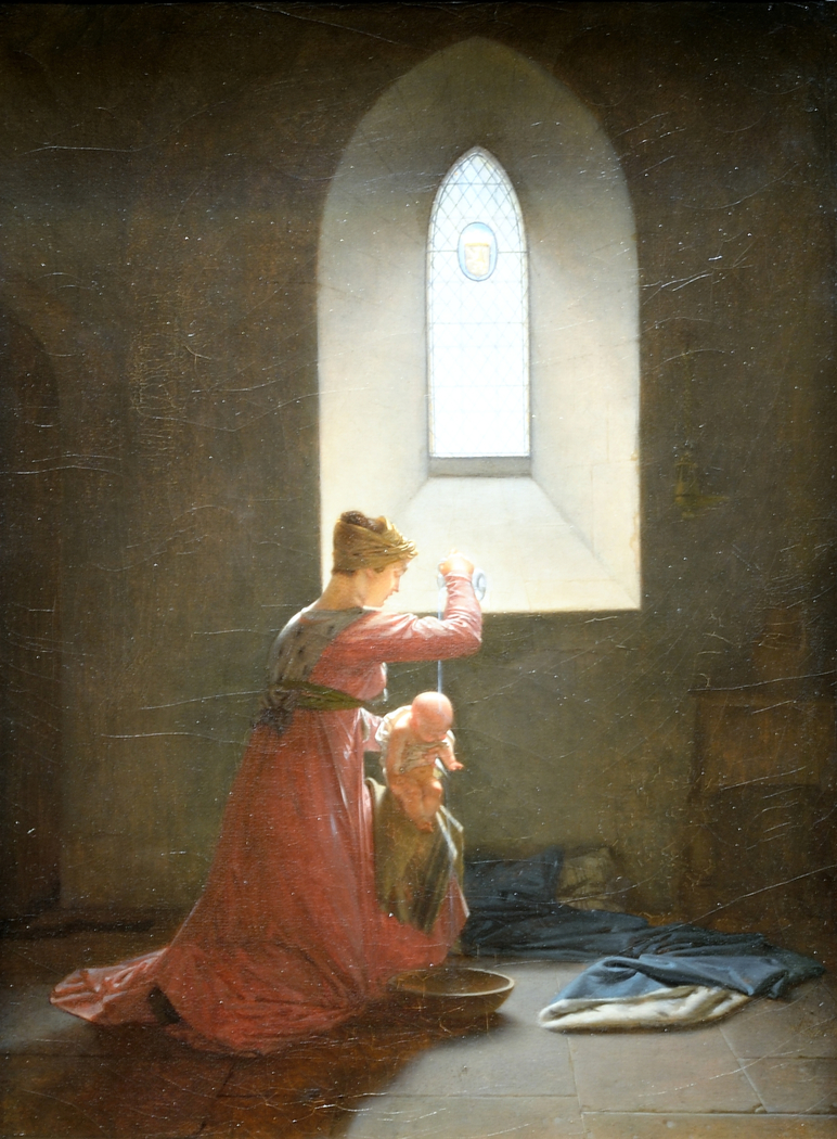 Geneviève de Brabant dans sa prison baptisant son fils
