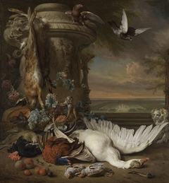 Hunting and Fruit Still Life next to a Garden Vase, with a Monkey, Dog and two Doves, in the distance Rijksdorp near Wassenaar, Seat of Jacob Emmery, Baron of Wassenaar by Jan Weenix