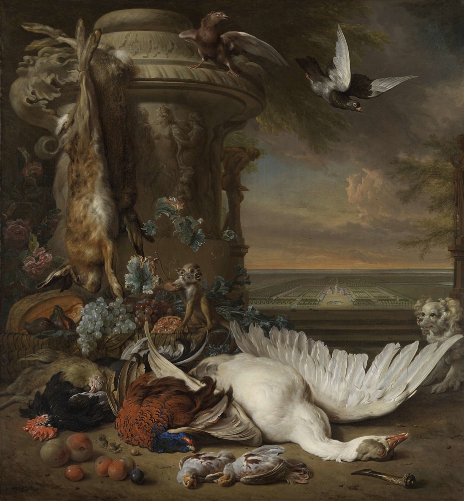 Hunting and Fruit Still Life next to a Garden Vase, with a Monkey, Dog and two Doves, in the distance Rijksdorp near Wassenaar, Seat of Jacob Emmery, Baron of Wassenaar