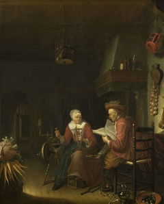 Interior with a man reading and a woman spinning yarn