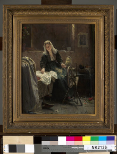 Interior with a woman spinning near a cradle by Edward Portielje