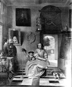 Interior with two women, two children and a parrot by Pieter de Hooch