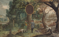 Jahreszeiten mit Jagddarstellungen: Herbst (Jäger mit Hasen- und Hirschjagd) und Winter (Jäger mit Saujagd) by Johann Jacob Besserer