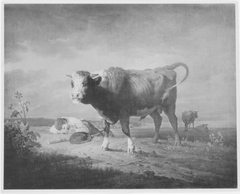 Junger Stier mit schlafendem Hirten by Max Joseph Wagenbauer