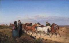 Jyske bønder på vej hjem fra marked med deres heste