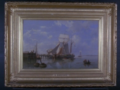 Kofschip bij een steiger by Hermanus Koekkoek