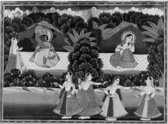 Krishna and Radha Seated on a Platform in Landscape with Dancers and Attendant by anonymous painter
