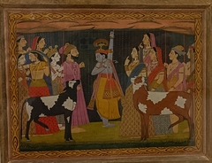 Krishna lifting Mount Govardhana by Bhagvan