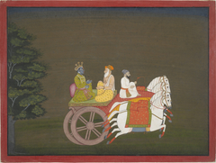 Krishna Rides a Chariot to Save Rukmini, an illustration from book 10 of a Bhagavata Purana serie by Anonymous