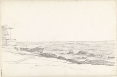 Kustgezicht met bolwerk en op het strand getrokken boot by Hendrik Voogd