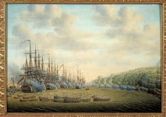 Landing van 's Lands eskader onder commando van kapitein J.P. van Braam op de kust van Malakka by Engel Hoogerheyden