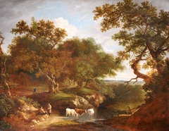 Landscape with Cattle watering and Rustics on a Track by Anonymous