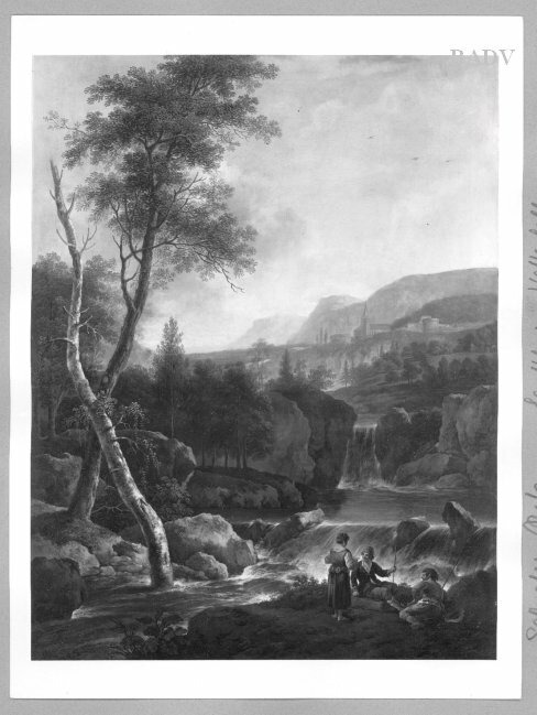 Landschaft mit Wasserfall und drei Figuren