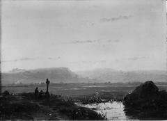 Landschaft mit zwei (betenden) Personen bei einem Wegekreuz