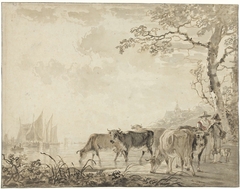 Landschap met koeien bij een rivier met schepen
