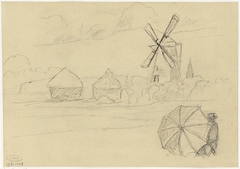 Landschap met molen en persoon achter paraplu by Jozef Israëls