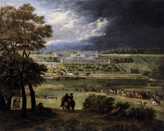 Le Château Neuf de Saint-Germain-en-Laye et les jardins, vus de la rive droite de la Seine ; lors de la reconstruction de la grande terrasse et du grand parterre, entre le 1er mars 1664 et le 17 mars 1665. by Adam Frans van der Meulen