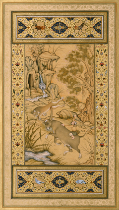 Leaf from the Muraqqa Gulshan- A Buffalo Fighting a Lioness (recto) Calligraphy (verso) by Anonymous