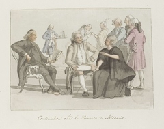 Leden van het reisgezelschap in gesprek met de prinses van Biscaris by Louis Ducros