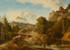 Mountainous Landscape with Oxen panicking whilst drawing a Cart
