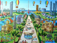 naive painting of tel aviv city raphael perez artist statement biography about his naif art  by Raphael Perez