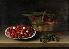 Nature morte à la coupe de fraises, panier de cerises, branche de groseilles à maquereaux by Louise Moillon