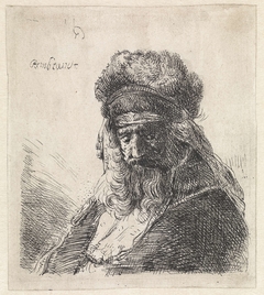 Oude man met bontmuts en gesloten ogen by Cornelis van der Grient