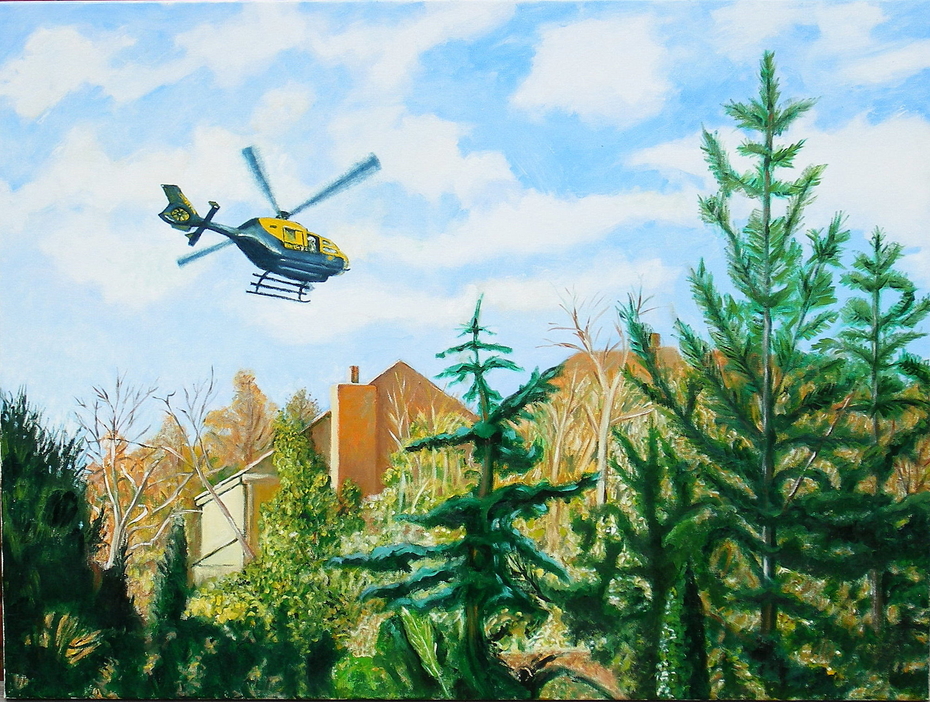 'Police helicopter over Esher', (2011), oil on linen, 90 x 120 cm.
