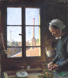 Portrait de sa mère épluchant un navet, devant une fenêtre