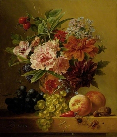 Pot of flowers and fruit by Arnoldus Bloemers