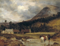 Scottish Landscape: Bringing in a Stag (figure and animals by Sir E. Landseer) by Edwin Henry Landseer