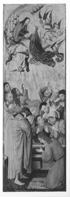 Sieben-Freuden-Altar: Himmelfahrt Mariens Rückseite: Verspottung Christi, Beweinung Christi (Fragment) by Master of the Holy Kinship the elder