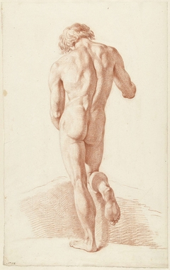 Staand mannelijk naakt, op de rug gezien, steunend op de rechterknie by Hendrik de Flines