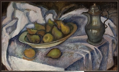 Still life with a kettle, a pear and a lemon