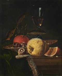 Still life with a quince, orange and other fruit by Hendrik van Streek