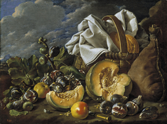 Still Life with Melon Figs Apples Wineskin and Picnic Hamper in a Landscape