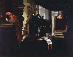 Still life with musical instruments and a parrot.