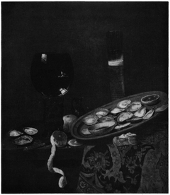 Still life with table carpet, passglass, roemer, lemon and oysters