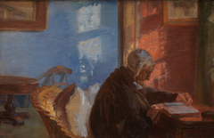 Kunstnerens mor Ane Hedvig Brøndum i den blå stuetitle translated (The Artist's Mother Ane Hedvig Brøndum in the Blue Room) by Anna Ancher