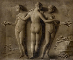 The Three Graces (Grisaille Paintings of Classical Statuary: a set of eight reproductions of celebrated antiques with the addition of niches, pedestals, classical masonry, trees, etc.) by Louis Gabriel Blanchet