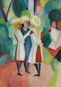 Three girls in yellow straw hats I by August Macke