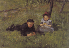 Twee kinderen in een weiland by Johan Antoni de Jonge